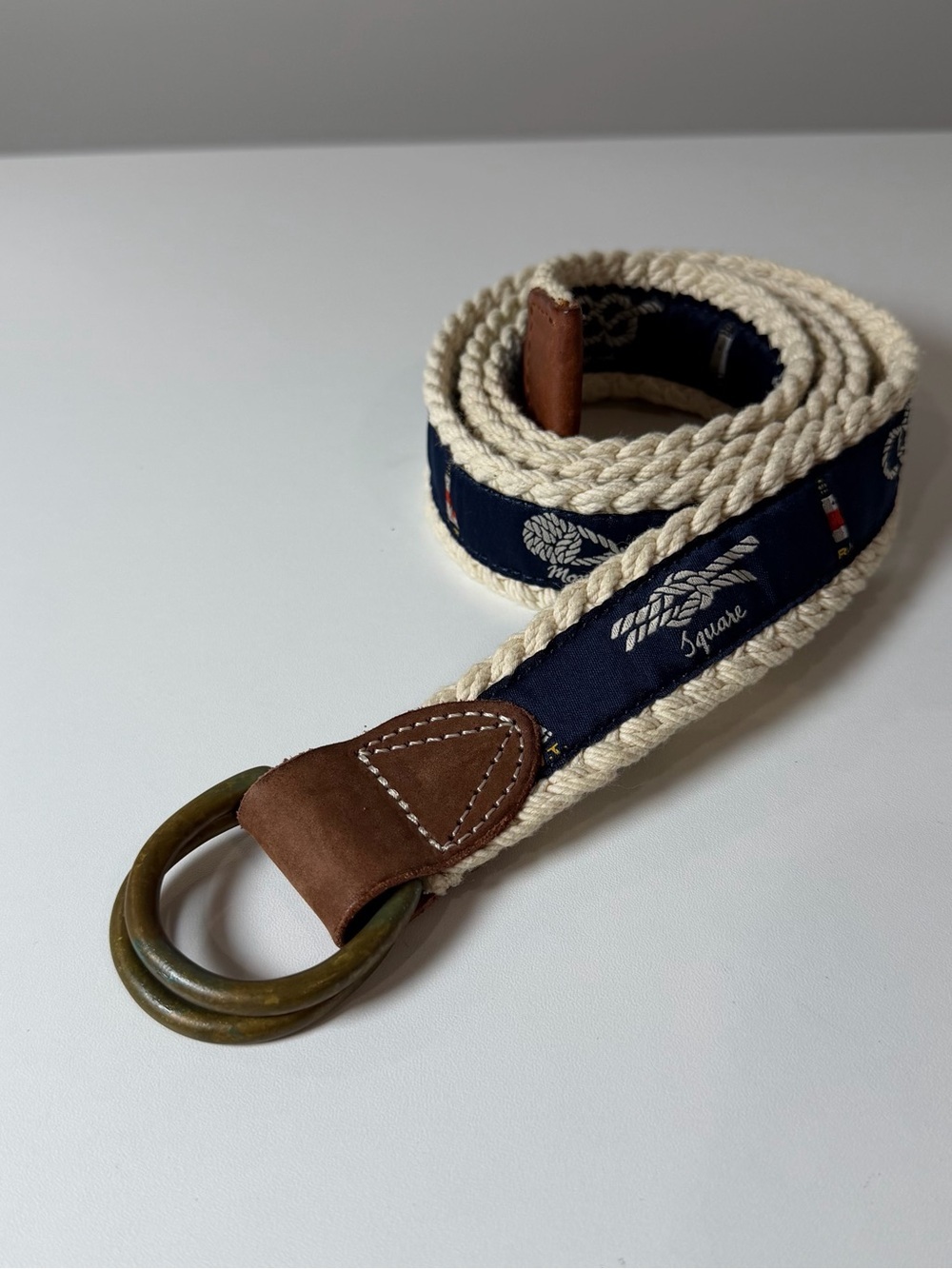 RARE Polo Ralph Lauren XL Navy Cream Preppy Knit Canvas Belt with Brown Leather